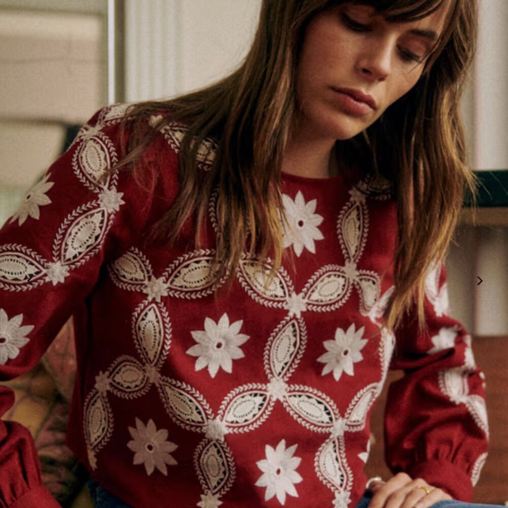 Sezane Flamine Blouse Ecru Embroidery On Garnet Background - Size 2